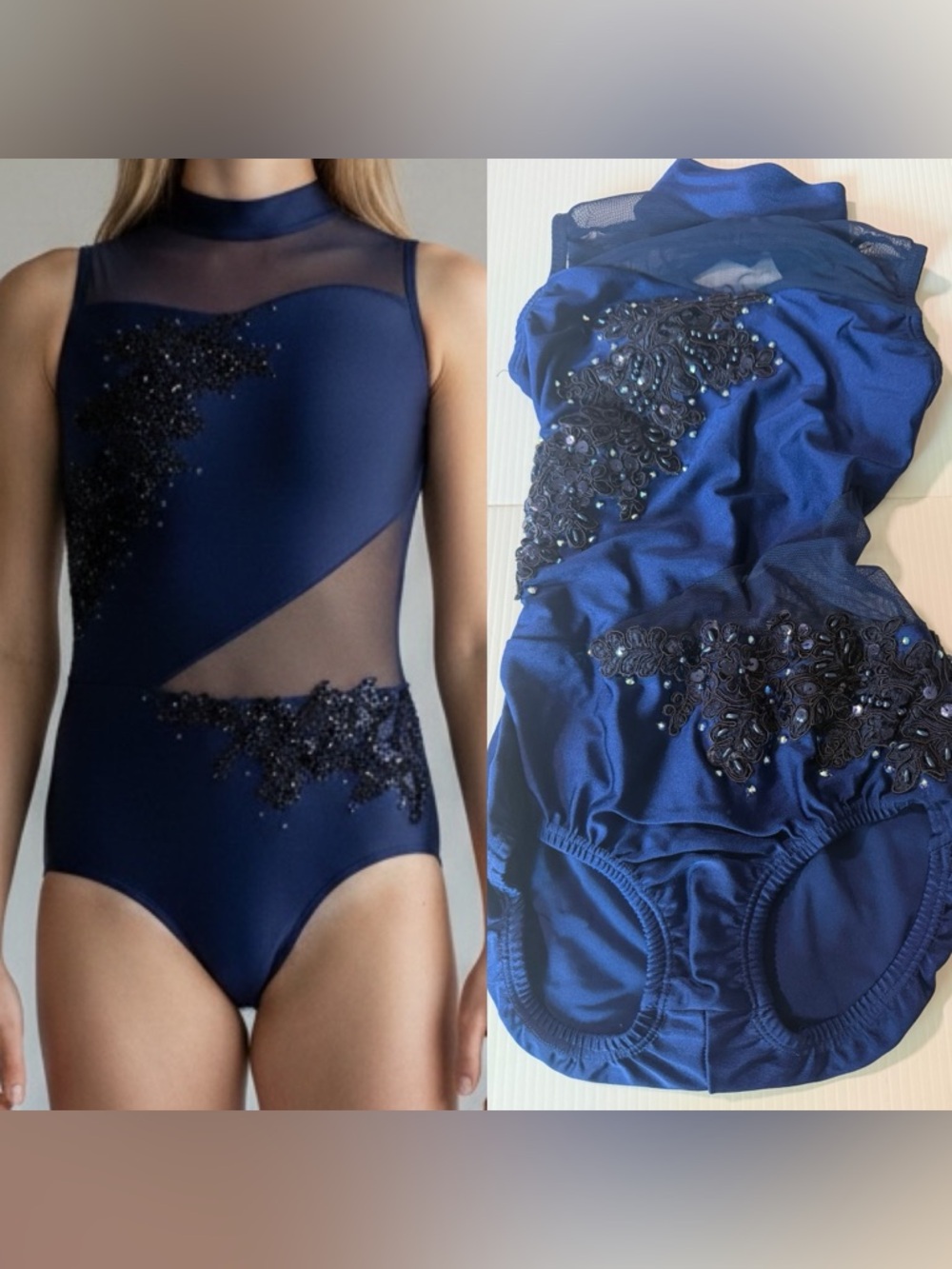 Pumpers dance costume navy blue leotard mesh rhinestone illusion MC-Medium child